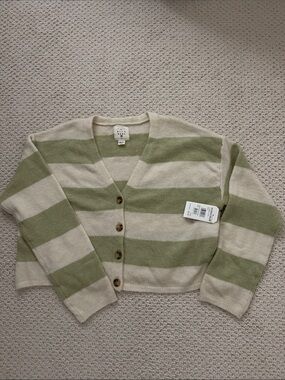 Billabong Green & Cream Striped V-Neck Button Cardigan